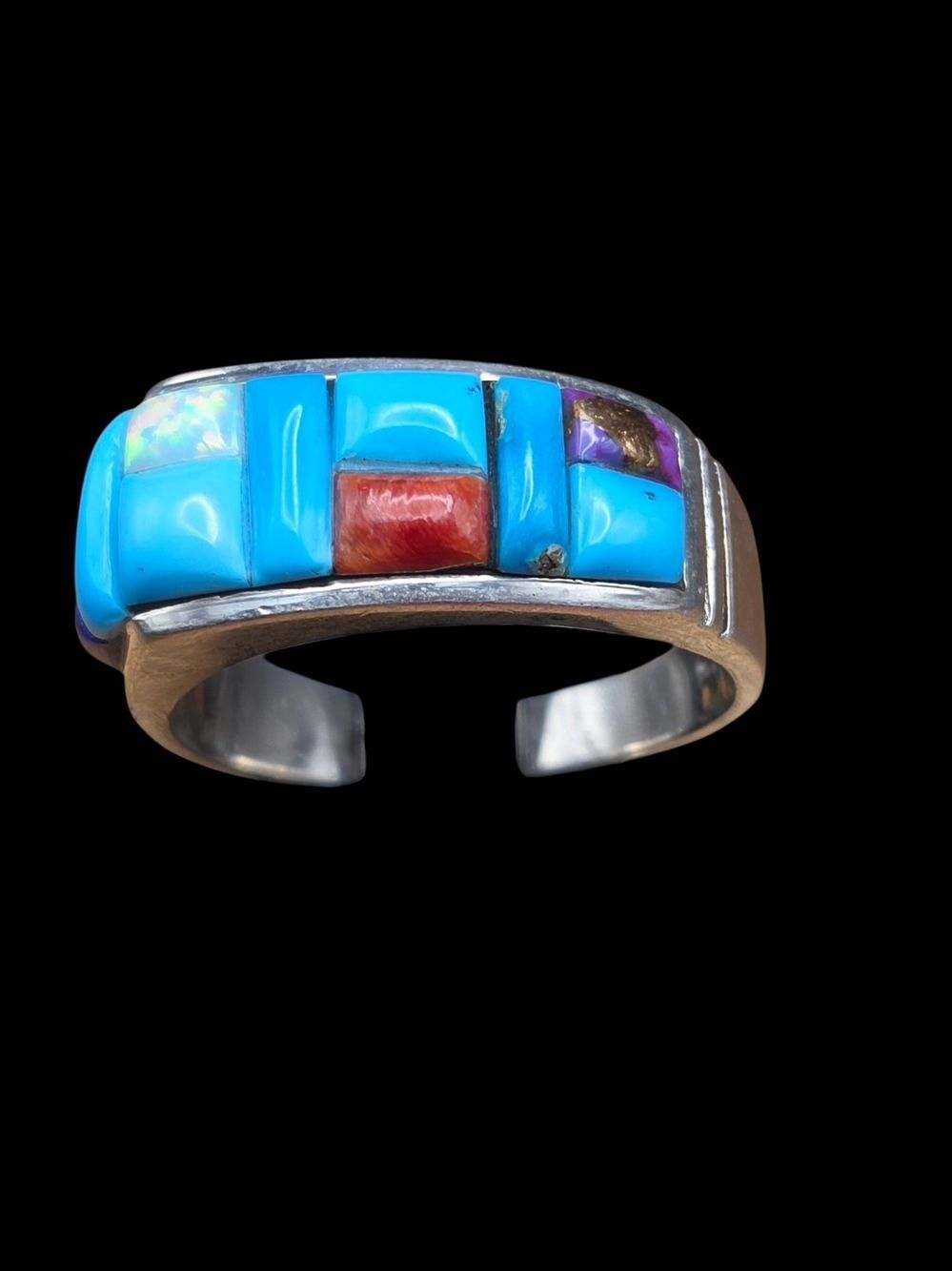 Sterling Silver Turquoise Coral Opal Lapis Inlay Men's Ring, Zuni Style, Sz 12